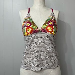 Athleta tropical print racer back swim tankini size medium brown ivory pink